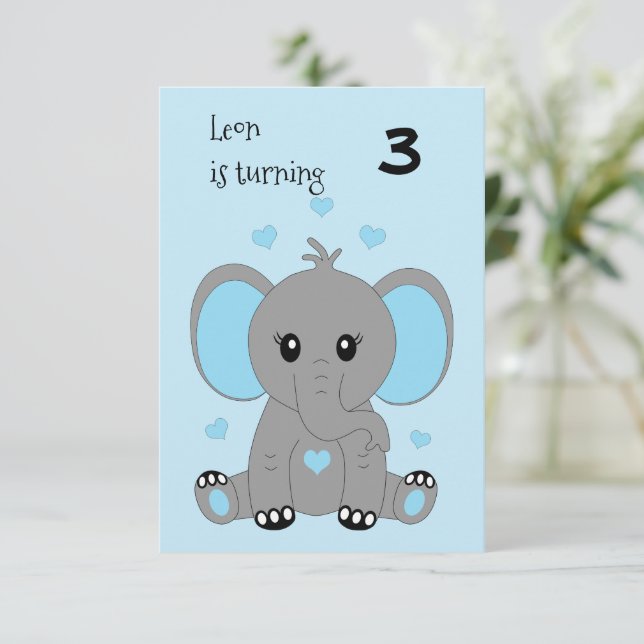 Cute baby-elefant i blått, pojkfödelsedag inbjudningar (Stående Fram)