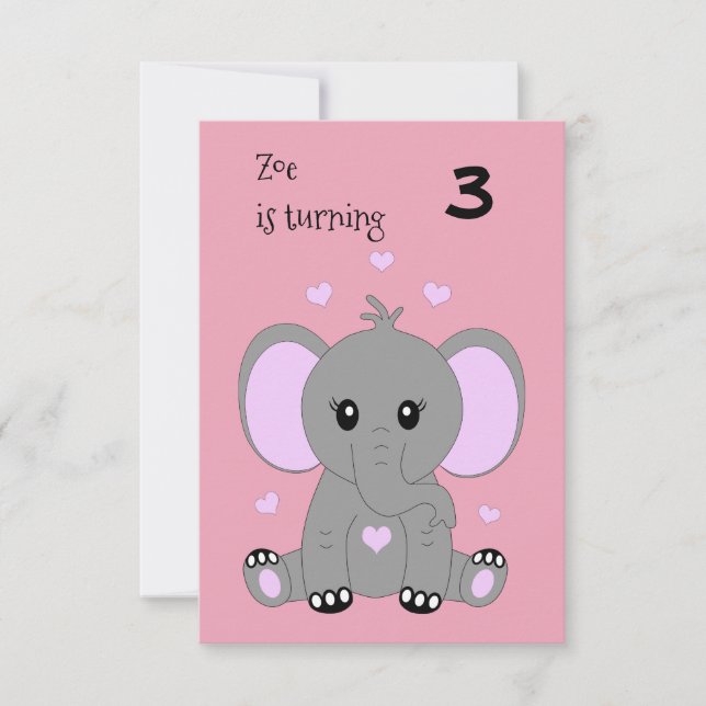 Cute baby elefant i rosa, flickfödelsedag inbjudningar (Framsida)