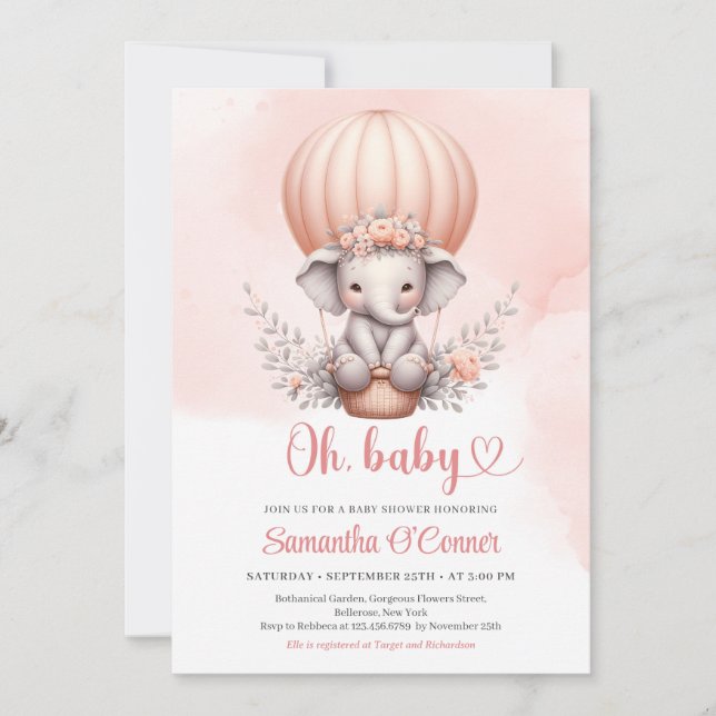 Cute baby elefant i rosa luftballong Girl Inbjudningar (Framsida)