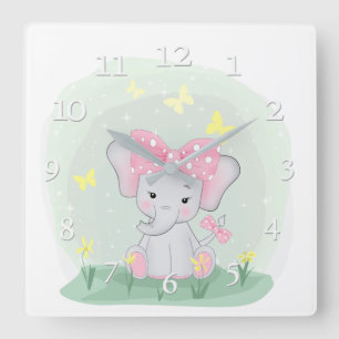 Cute-baby-elefant med en rosa i en avskiljning Fyrkantig Klocka