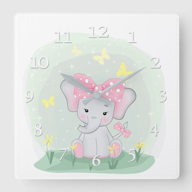  Cute-baby-elefant med en rosa i en avskiljning  Fyrkantig Klocka (Framsida)