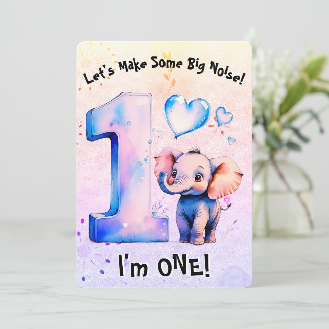 Cute Baby Elephant 1st Birthday Girls Rosa Hearts Inbjudningar (Stående Fram)