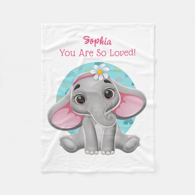 Cute Baby Elephant Art, Barnets Namn och budskap Fleecefilt (Framsidan)