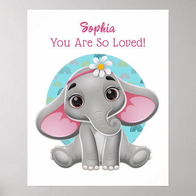 Cute Baby Elephant Art, Barnets Namn och budskap Poster (Framsidan)