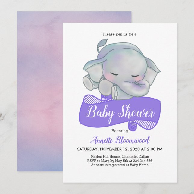 Cute Baby Elephant | Baby Shower Inbjudningar (Fram/baksida)