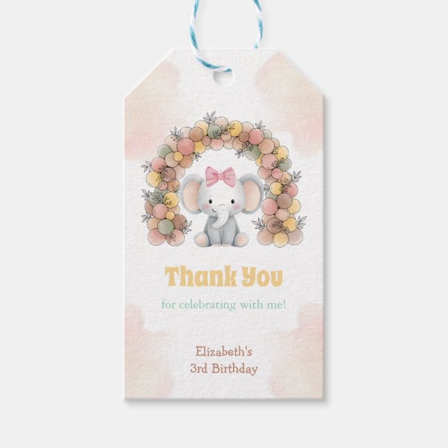 Cute Baby Elephant Balloon Arch Birthday Thank You Presentetikett (Framsidan)