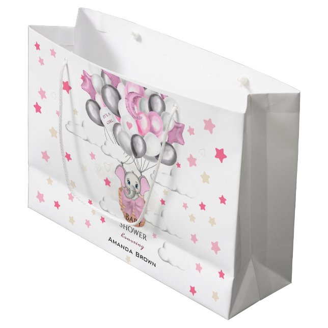 Cute Baby Elephant Balloon Basket Girl Baby Shower (Framsidan Vinklad)