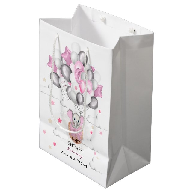 Cute Baby Elephant Balloon Basket Girl Baby Shower (Framsidan Vinklad)