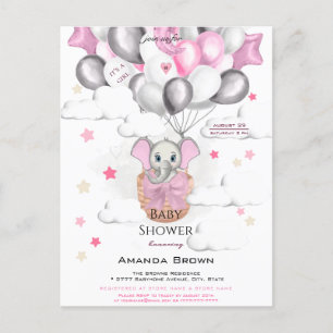 Cute Baby Elephant Balloon Basket Girl Baby Shower Inbjudan Vykort
