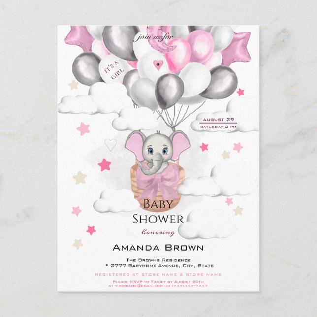 Cute Baby Elephant Balloon Basket Girl Baby Shower Inbjudan Vykort (Framsida)
