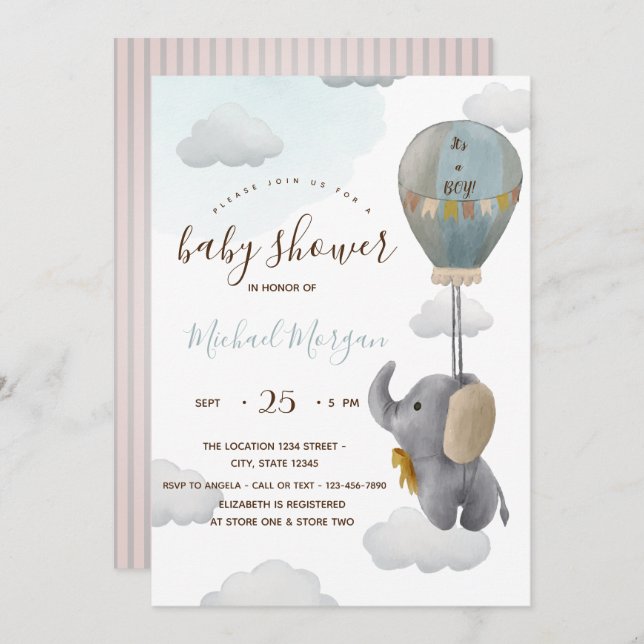 Cute Baby Elephant Balloon Rand Baby Shower Inbjudningar (Fram/baksida)