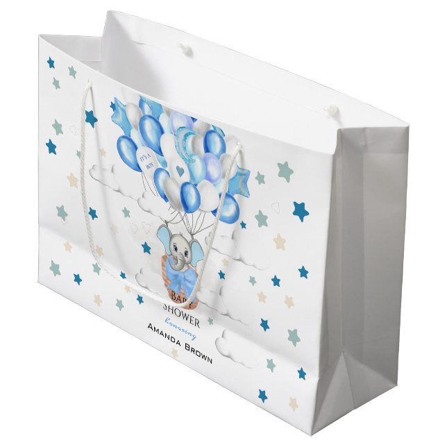 Cute Baby Elephant Balloons Basket Boy Shower (Framsidan Vinklad)