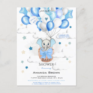 Cute Baby Elephant Balloons Basket Boy Shower Inbjudan Vykort