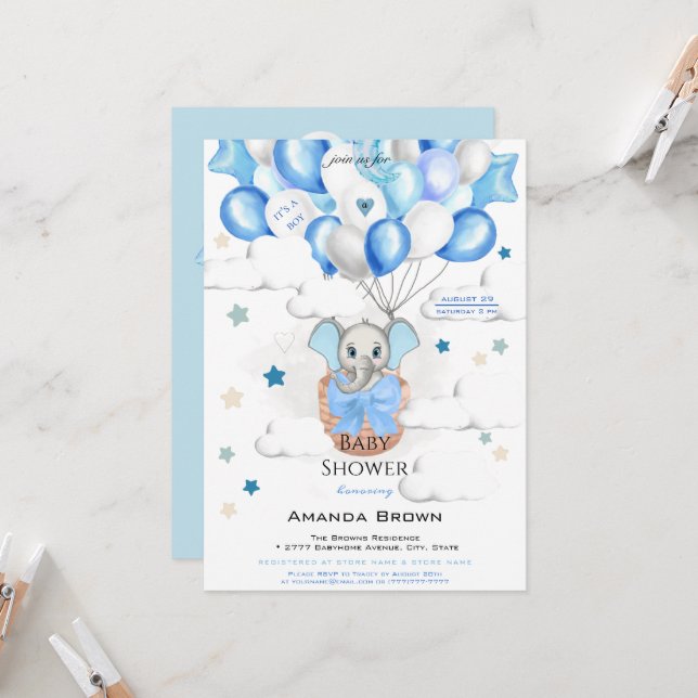 Cute Baby Elephant Balloons Basket Boy Shower Inbjudningar (Fram/Back In Situ)