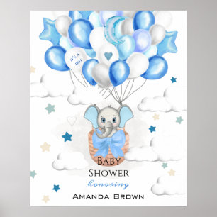 Cute Baby Elephant Balloons Basket Boy Shower Poster