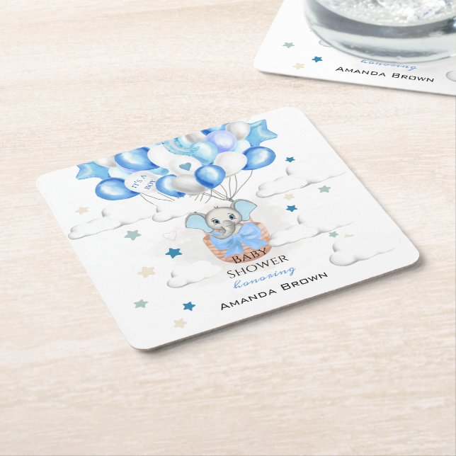 Cute Baby Elephant Balloons Basket Boy Shower Underlägg Papper Kvadrat (Vinklad)