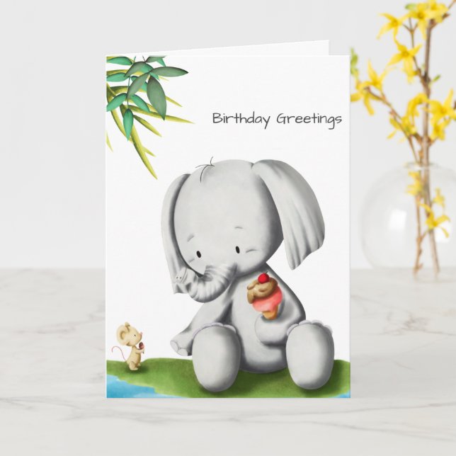 Cute Baby Elephant Birthday Kort (Gul blomma)