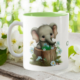Cute Baby Elephant Blåa blommor Personlig Två-Tonad Mugg