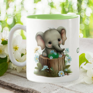 Cute Baby Elephant Blåa blommor Personlig Två-Tonad Mugg