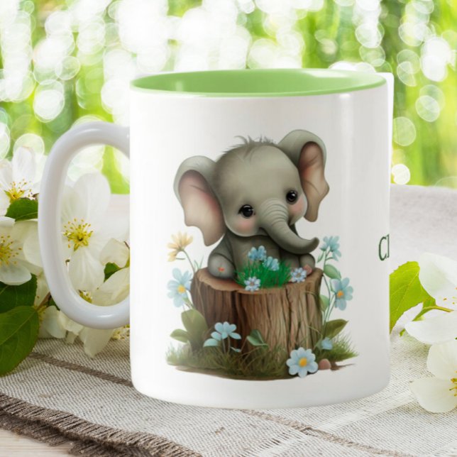 Cute Baby Elephant Blåa blommor Personlig Två-Tonad Mugg (Skapare uppladdad)