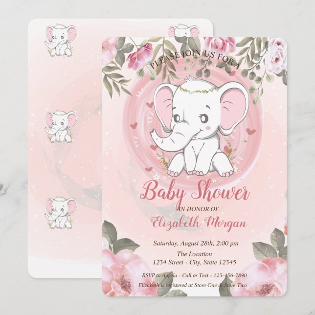 Cute Baby Elephant,Blommigt Baby Shower Inbjudningar (Fram/baksida)