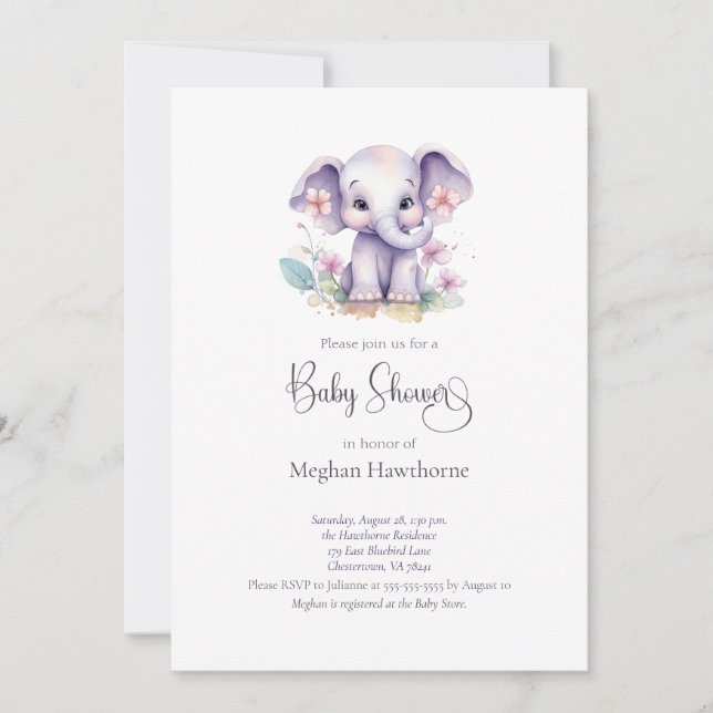 Cute Baby Elephant Blommigt Baby Shower Inbjudningar (Framsida)