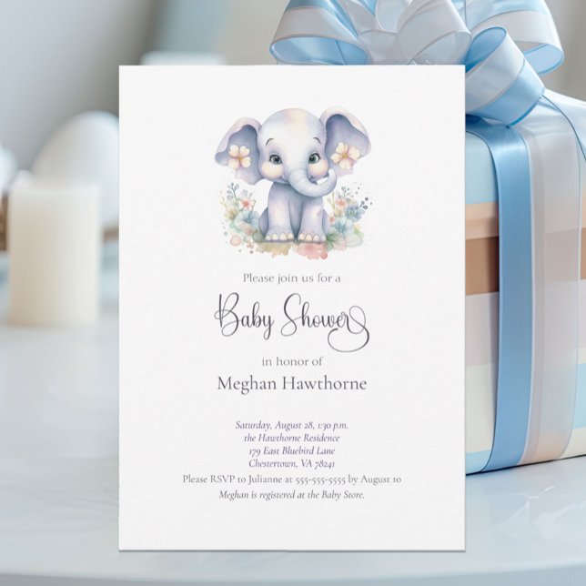 Cute Baby Elephant Blommigt Baby Shower Inbjudningar (Skapare uppladdad)