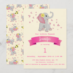 Cute Baby Elephant Blommigt First Födelsedagsfest Inbjudningar