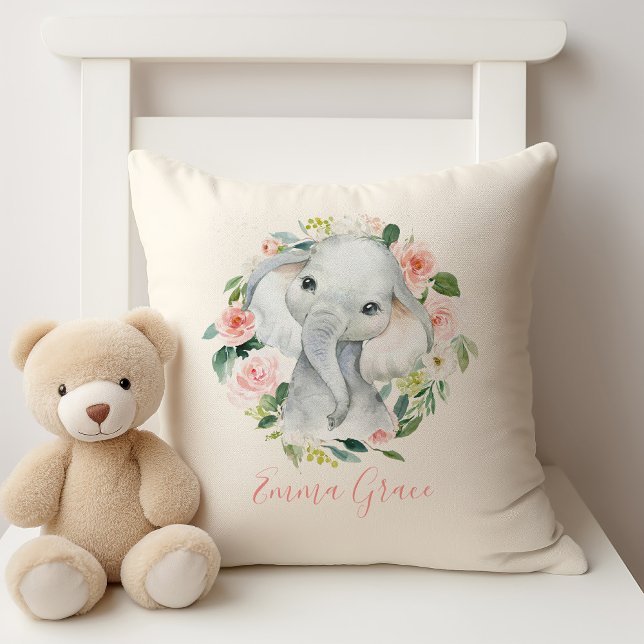 Cute Baby Elephant-Blommigt med barns Namn Kudde (Skapare uppladdad)