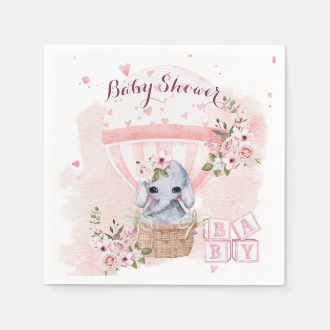 Cute Baby Elephant Blommigt Rosa Baby Shower Pappersservett (Framsidan)