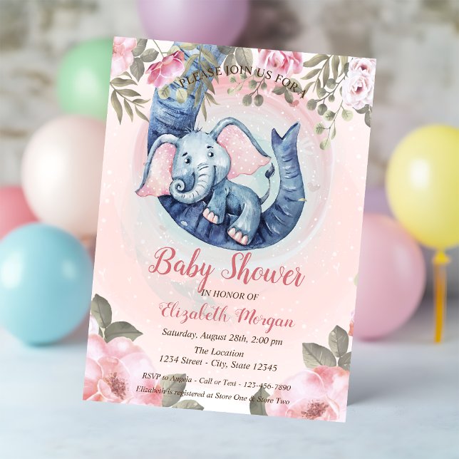 Cute Baby Elephant Blommigt Rosa Dots Baby Shower Inbjudningar (Skapare uppladdad)
