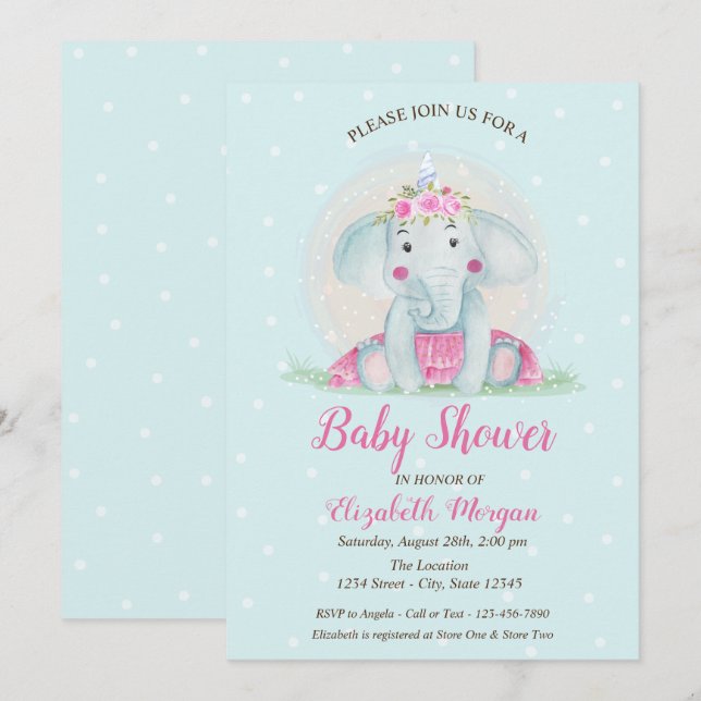 Cute Baby Elephant, Blue Dots Baby Shower Inbjudningar (Fram/baksida)
