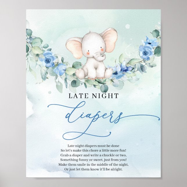 Cute baby elephant Blue Late Night Diaper (spel om Poster (Framsidan)