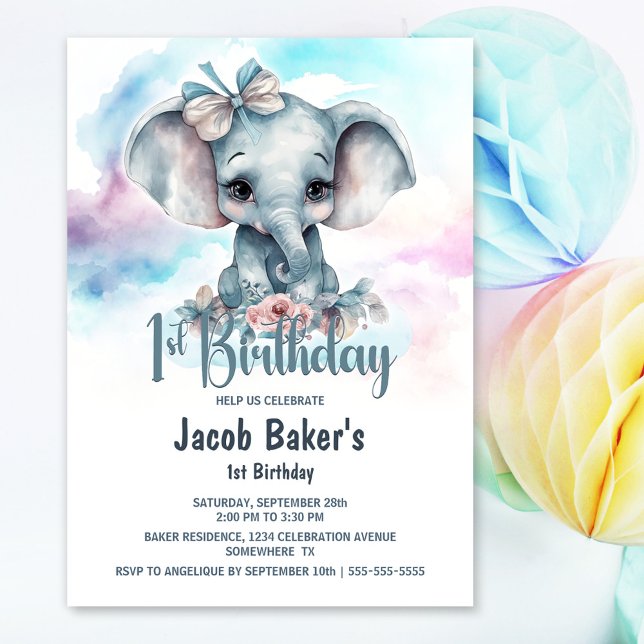 Cute Baby Elephant Boy 1st Birthday Party Inbjudningar (Skapare uppladdad)