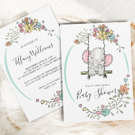 Cute Baby Elephant Boy Blommigt Swing Baby Shower Inbjudningar