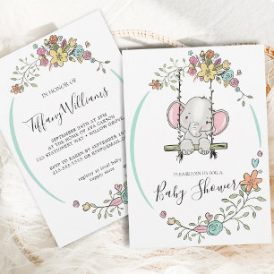 Cute Baby Elephant Boy Blommigt Swing Baby Shower Inbjudningar