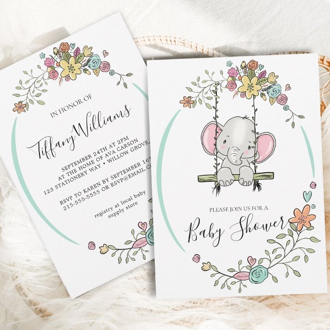 Cute Baby Elephant Boy Blommigt Swing Baby Shower Inbjudningar (Skapare uppladdad)