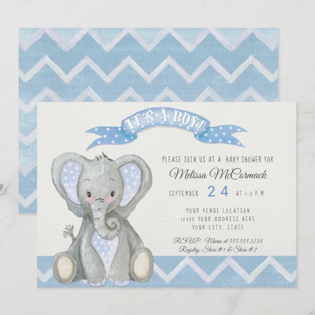 Cute Baby Elephant Boy Shower Chevron Rand Blue Inbjudningar (Fram/baksida)