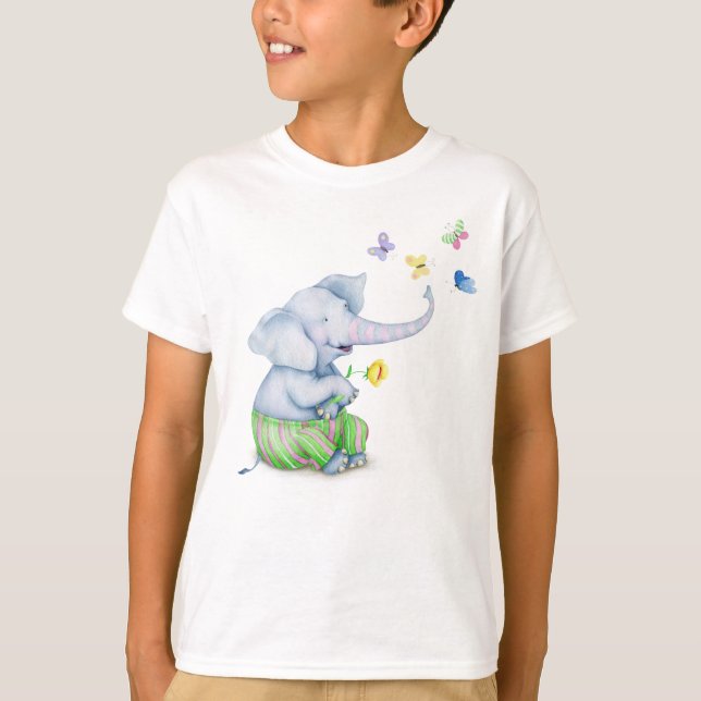 Cute Baby Elephant & Butterflies Illustration Todd T Shirt (Framsida)