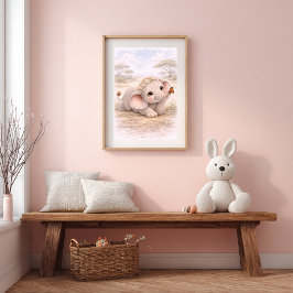Cute Baby Elephant & Butterfly Nursery Room Kids Poster