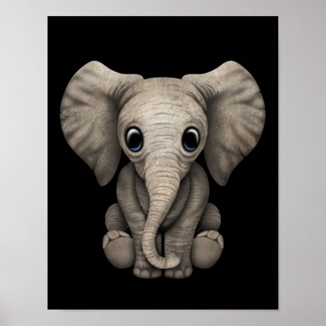 Cute Baby Elephant Calf Sitta Down, Black Poster (Framsidan)