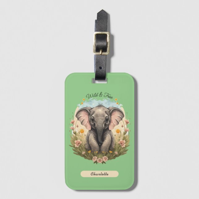 Cute Baby Elephant Calf Wildblomma Wanderlust Bagagebricka (Framsida vertikal)