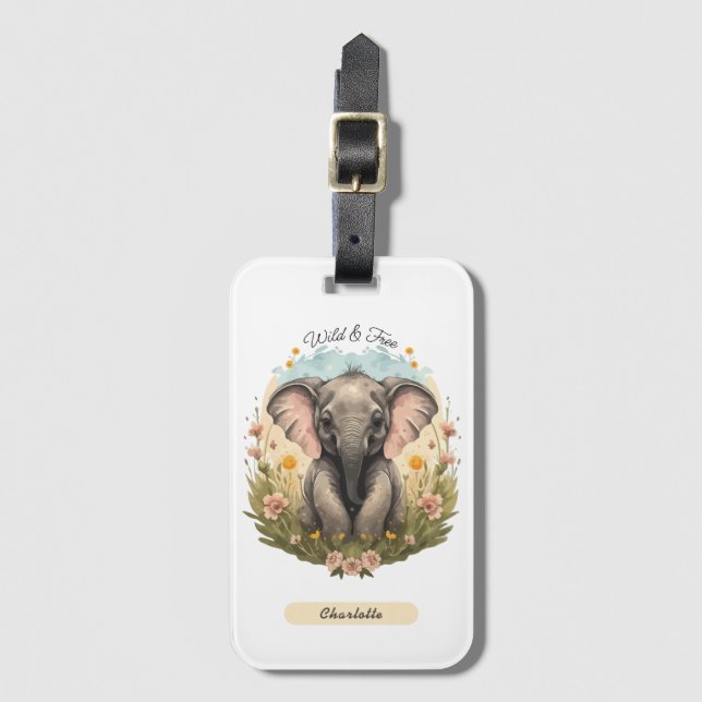 Cute Baby Elephant Calf Wildblomma Wanderlust Bagagebricka (Framsida vertikal)