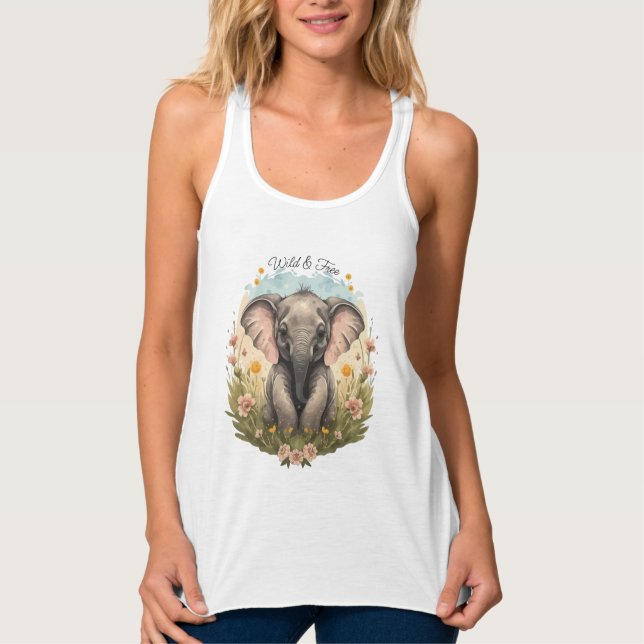 Cute Baby Elephant Calf Wildblomma Wanderlust Linne Med Racerback (Framsida)