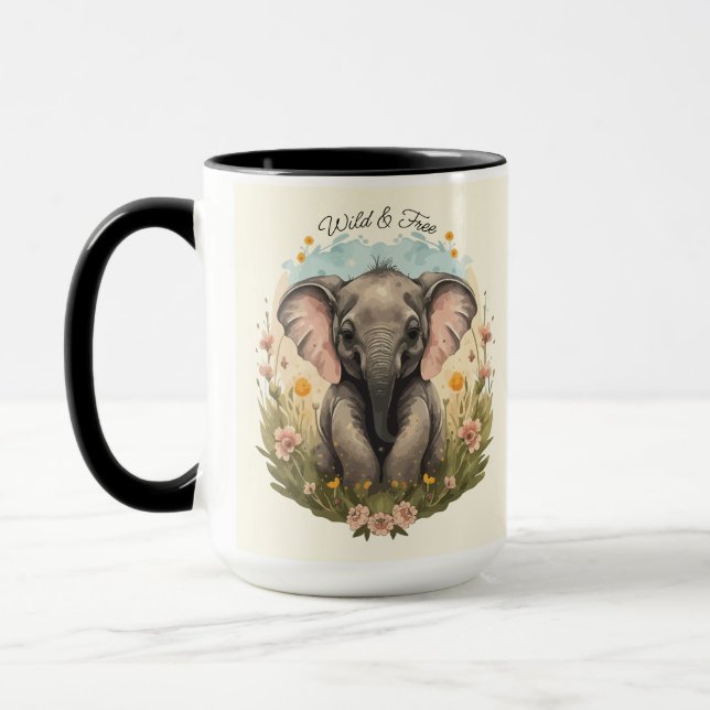 Cute Baby Elephant Calf Wildblomma Wanderlust Mugg (Vänster)