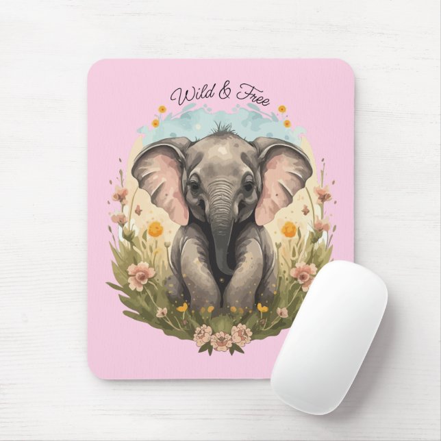 Cute Baby Elephant Calf Wildblomma Wanderlust Musmatta (Med mus)