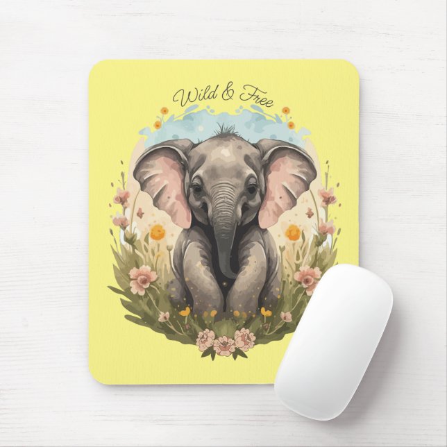 Cute Baby Elephant Calf Wildblomma Wanderlust Musmatta (Med mus)