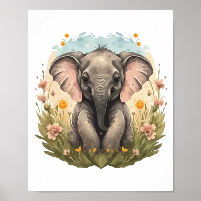 Cute Baby Elephant Calf Wildblomma Wanderlust Poster (Framsidan)