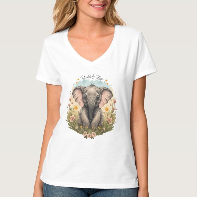 Cute Baby Elephant Calf Wildblomma Wanderlust T Shirt (Framsida)