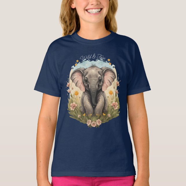 Cute Baby Elephant Calf Wildblomma Wanderlust T Shirt (Framsida)